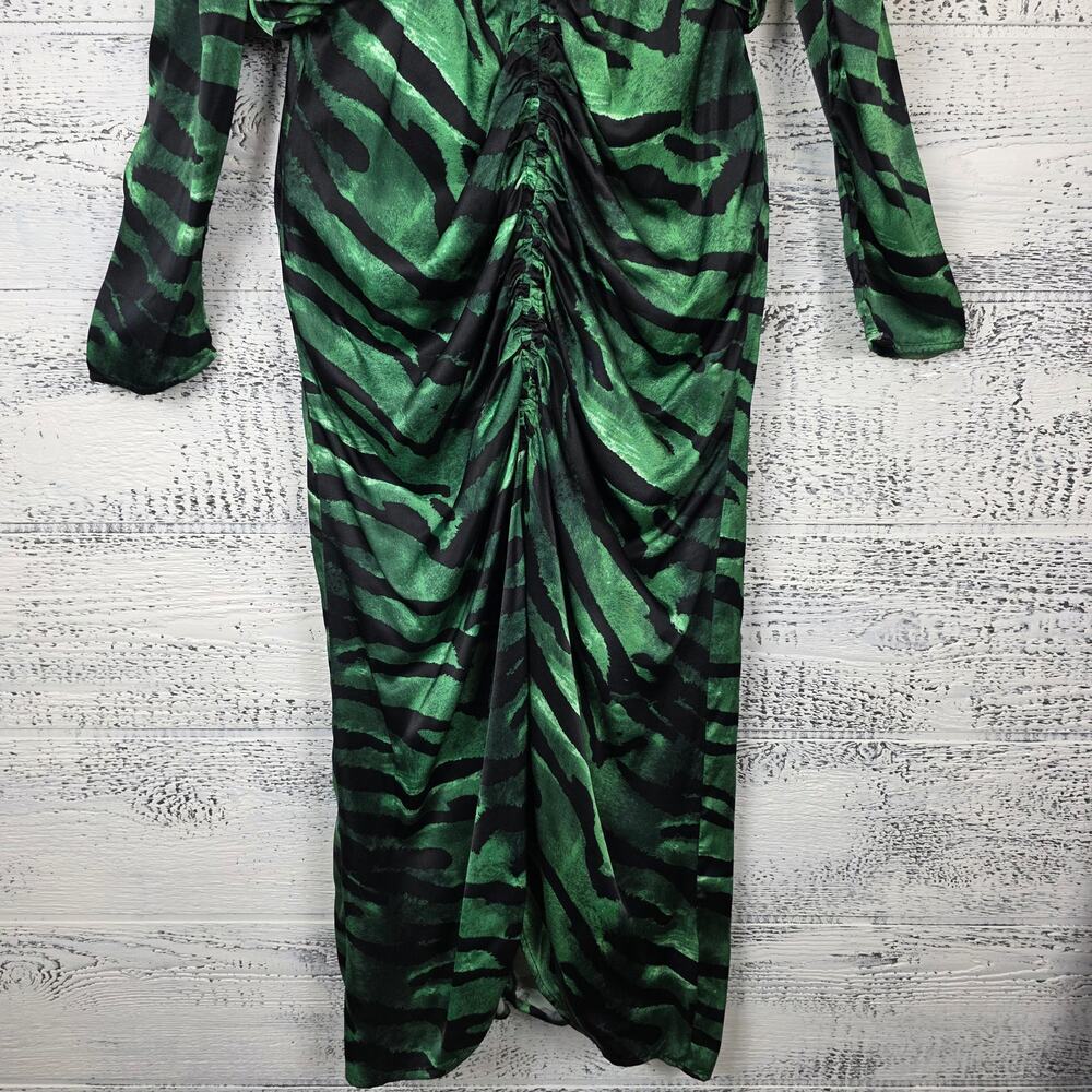 Topshop Green Zebra Print Midi Dress Ruched Front Long Sleeve V Neck Sz 8 - Picture 3 of 11